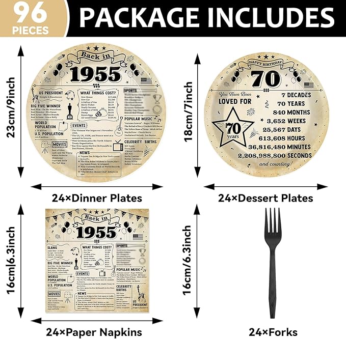 96Pcs Back in 1955 Birthday Plates and Napkins 70th Party Decorations Vintage 70 Year Old Party Dessert Plates 1955 Tableware for 24 Guests 70th Theme Men Women Birthday Supplies ??"<div>
