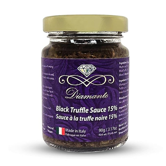 Diamante Italy Black Truffle Sauce with High 15% Black Truffle Content - Authentic Italian Gourmet Black Truffle & Mushroom Sauce - Non GMO, Vegan & Made in Italy - 90g
