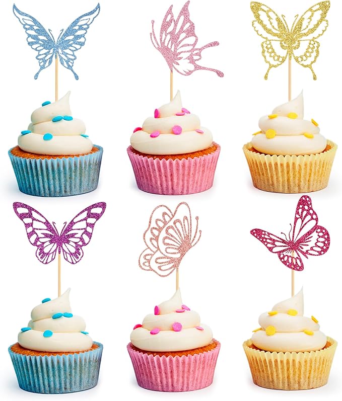 24 PCS Glitter Butterfly Cupcake Toppers Butterfly Theme Party Decoration for Wedding Baby Shower Birthday Party