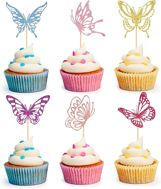 24 PCS Glitter Butterfly Cupcake Toppers Butterfly Theme Party Decoration for Wedding Baby Shower Birthday Party
