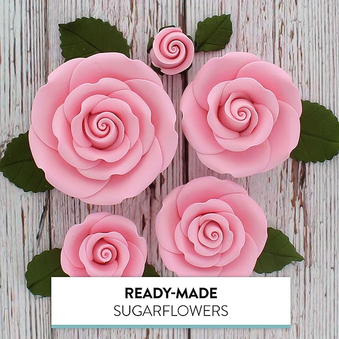 Global Sugar Art Exquisite Rose & Leaf Tray Edible Sugar Cake Flowers, Pink 20 Count Unwired by Chef Alan Tetreault