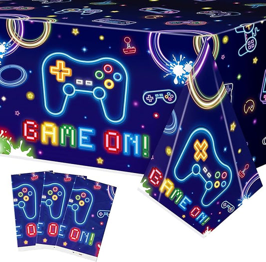 Video Game Party Tablecloths - 3Pcs Neon Video Game Birthday Party Table Covers Decorations, Game on Themed Rectangular Plastic Disposable Table Cloth Decor for Kids Birthday Gaming Events Supplies