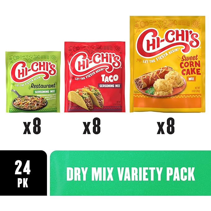 CHI-CHI'S Dry Mix Packets Variety Pack, Taco Seasoning 1.25 oz Pack, Restaurante Seasoning 0.78 oz Pack, and Sweet Corn Cake 7.4 oz Pack (24 Pack)