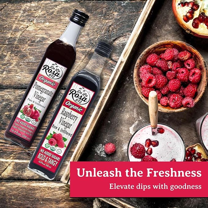 De La Rosa Organic Raspberry & Pomegranate Vinegar, Raw & Unfiltered, Vegan, Gluten Free & Kosher, Great for Organic Salad Dressing and Marinades, 100% Pure Vinegars 16.9 Oz (Pack of 2)