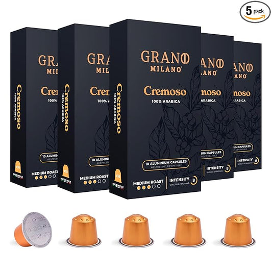 Grano Milano Cremoso Coffee Capsules - 50 Aluminum Coffee Pods Compatible with Nespresso Original line,100% Arabica Medium Roast - Intensity 8/12, Made in Italy