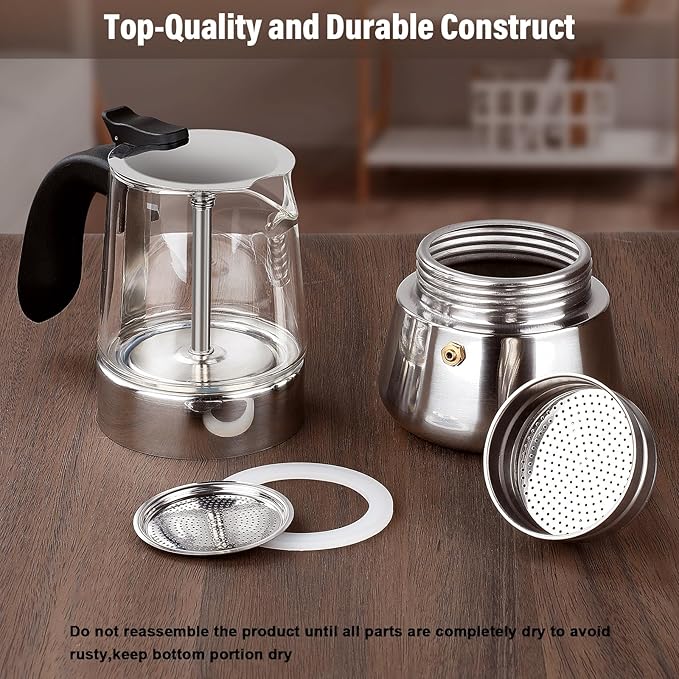 Moka Pot-Portable Stovetop Espresso Maker, Borosilicate Glass & Stainless Steel Percolator Coffee Maker 6 Cups (240ml/8.5oz)