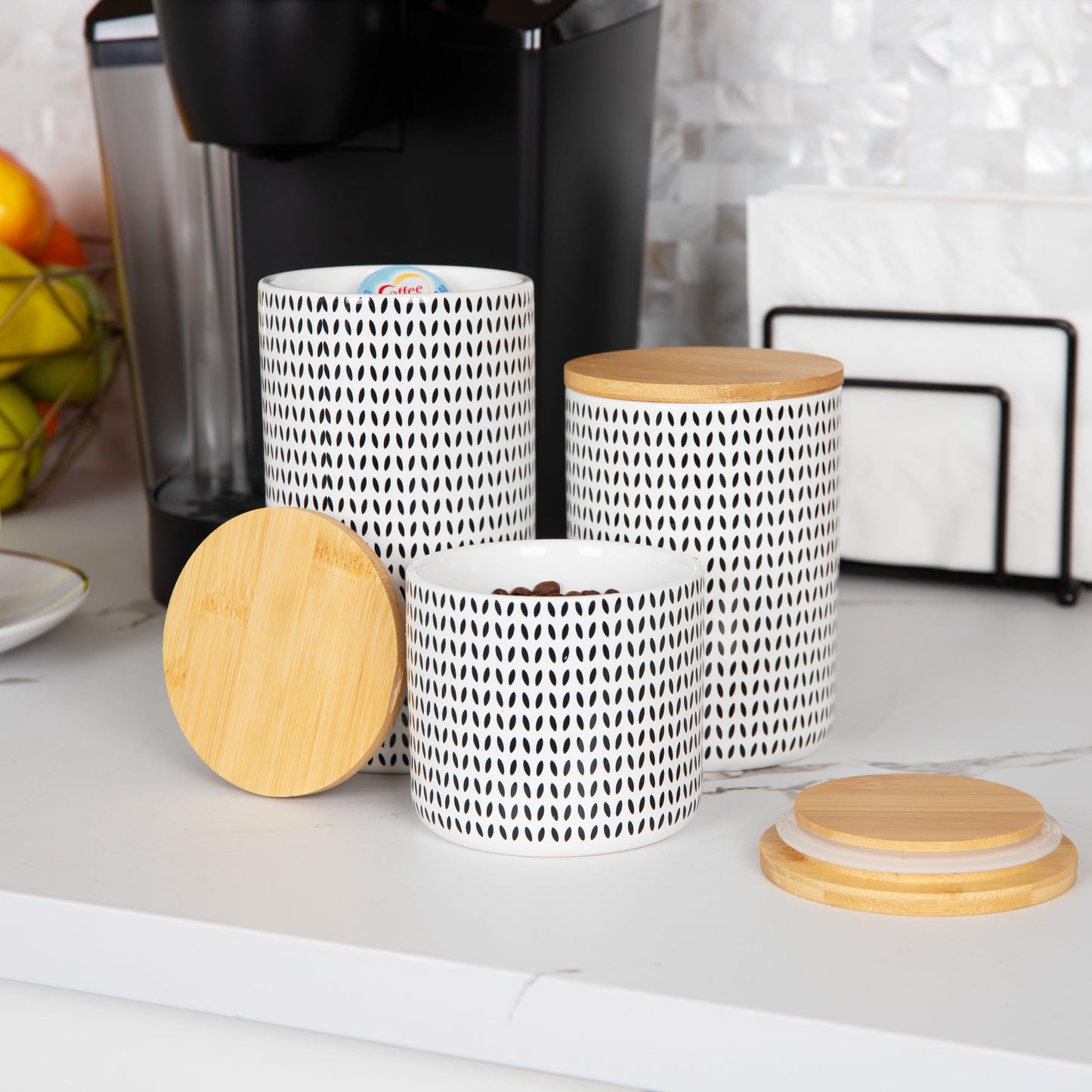 Mind Reader 3-Piece Canister Set, Sugar Container, Coffee Storage, Lids, Kitchen, Ceramic, 4"L x