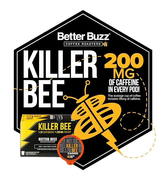 Better Buzz Killer Bee Super Caffeinated Dark Roast Light Roast Blend 12ct., California Solar Energy Produced Recyclable Coffee Pods, Small Batch Roasted Coffee, K-Cup Compatible, Life's Better Buzzed