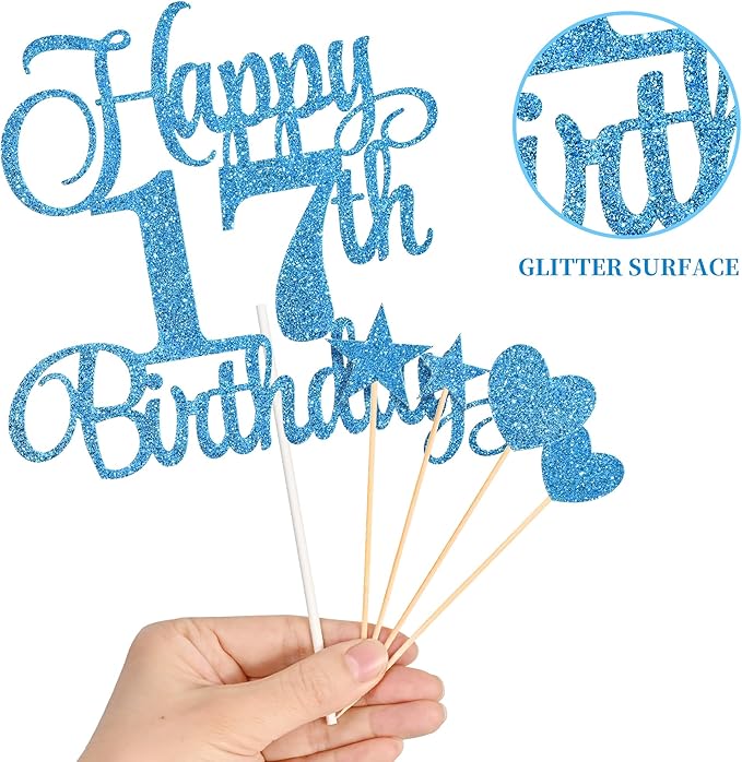 17th Birthday Cake Decorations, 17th Birthday Candles Cake Numeral Candles and Glitter Happy 17th Birthday Cake Toppers Set for Birthday Party Supplies (Blue)