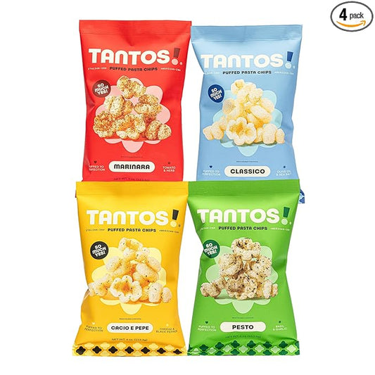 Tantos! Puffed Pasta Chips ??Healthy Pasta Snack by Top Chef Joe Sasto ??Plant-Based, Low Calorie, Crunchy Chips ??Variety Pack ??Marinara, Pesto, Cacio e Pepe, Classico ??Gourmet Bold Flavors ??(4oz-4 Pack (1 of Each Flavor), Variety)