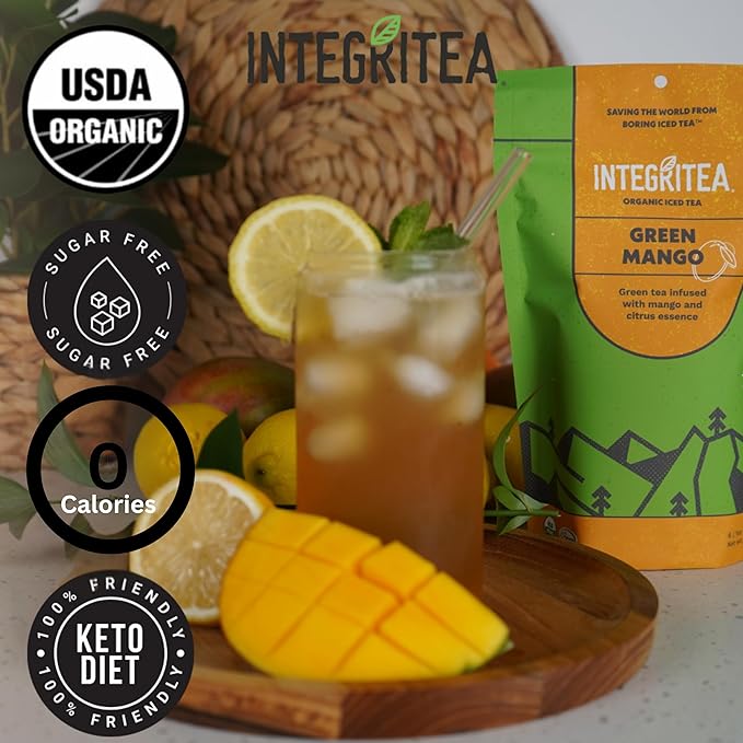 IntegriTEA Green Mango Flavored Green Tea, 6 Organic Unsweetened Iced Tea Bags, 6 Gallons, Hot or Cold Brew, Fairly & Sustainably Sourced