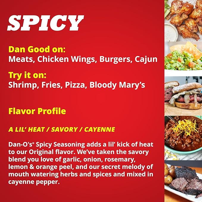 Dan-O's Spicy Seasoning, 2.5 oz Bottle, Hot Seasoning for Chicken, Wings, Burger Patties, Veggies and More, Sugar Free, Zero Calorie, Use this Spicy Blend to Craft a Marinade, Dry Rub or Sauce