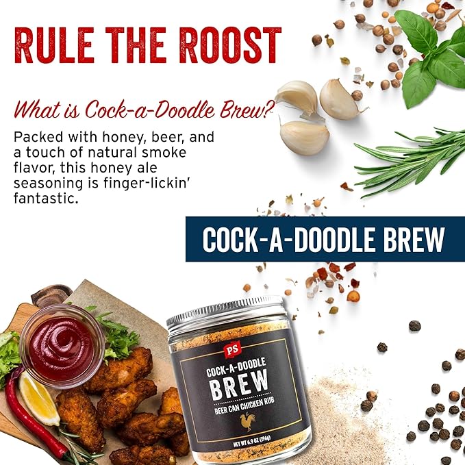 PS Seasoning Cock-A-Doodle Brew - Beer Can Chicken Seasoning - BBQ Seasoning & Rubs for Smoking, Grilling, Roasting - Garlic, Paprika, Honey & Ale Dry Rubs for Poultry, BBQ Chicken, Wings, Thighs