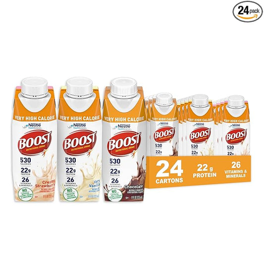 BOOST Very High Calorie Nutritional Drink ??Helps Weight Gain & Maintenance -530 Calories -26 Vitamins & Minerals - 22 g Protein - Variety Pack - Vanilla, Chocolate & Strawberry - 8 fl oz (Pack of 24)