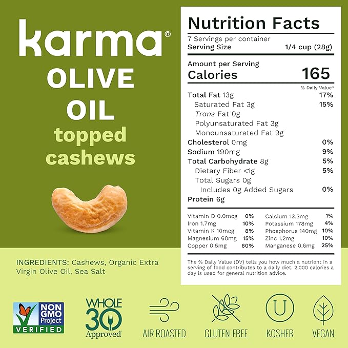 Karma Nuts Olive Oil & Sea Salt Whole Cashews (7 oz, Pack of 1) ??Roasted Cashews, Healthy Snacks for Adults - Gluten Free Vegan Snacks, Non GMO - Flavored Nuts, Low Carb Snack