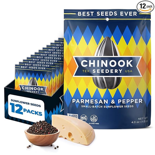 Chinook Seedery Roasted Jumbo Sunflower Seeds - Keto Snacks - Best For Snack Packs - Gluten Free, Non GMO Snack Food Gifts - 4 ounce (Pack of 12) - Parmesan & Pepper Flavor