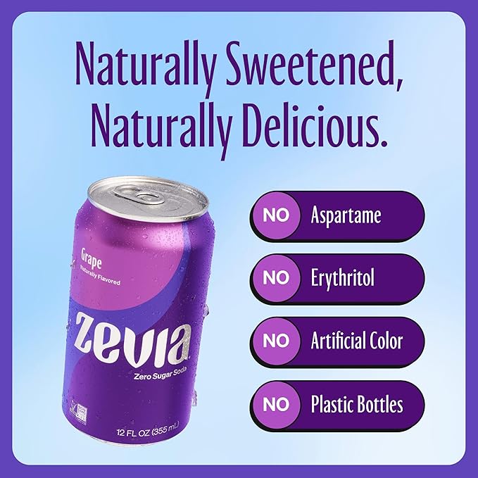 Zevia Zero Sugar Soda, Grape, 12 oz Cans (8-Pack) ??Naturally Sweetened, Non-GMO Project Verified, Gluten-Free, Vegan