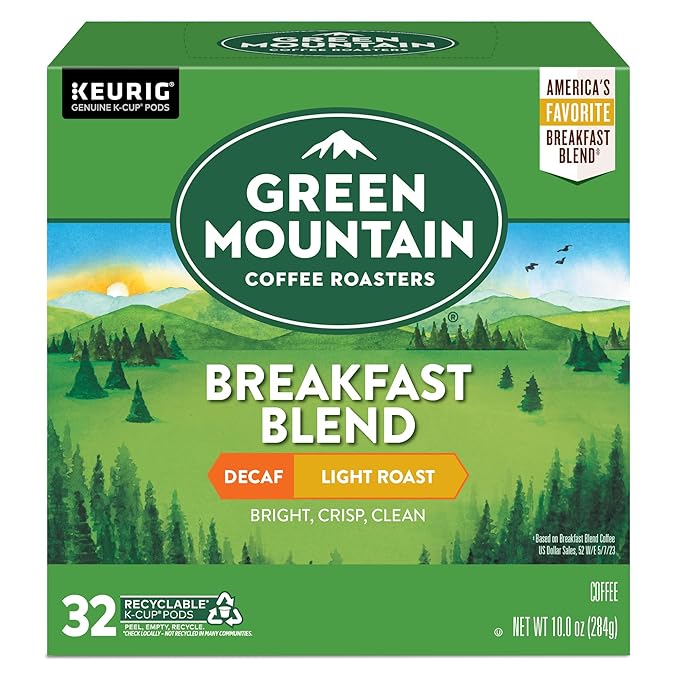 Green Mountain Coffee Roasters Decaf Breakfast Blend , Single-Serve Keurig K-Cup Pods, Light Roast Coffee, 32 Count