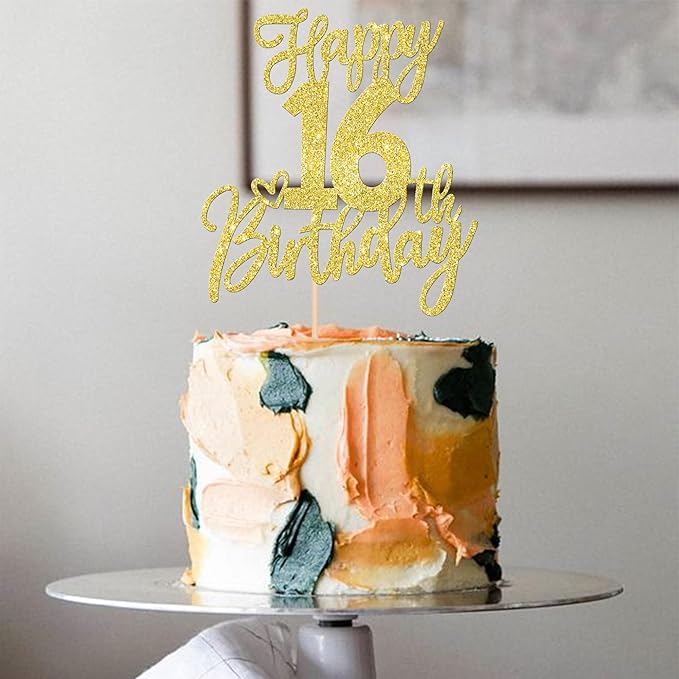 1 PCS Happy 16th Birthday Cake Topper Glitter Cheers to 16 Years Birthday Cake Pick Sixteen Sweet 16 Cake Decoration for Happy 16th Birthday Anniversary Theme Party Decorations Supplies Gold