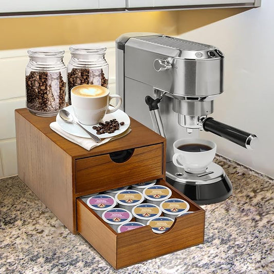 Wooden K Cup Organizer Coffee Pod Storage Box - K Pod Holder with Two Drawers, K Cup Drawer Under Brewer and Coffee Maker Machine Stand, 30 Pod Capacity, Style B ??,<div>