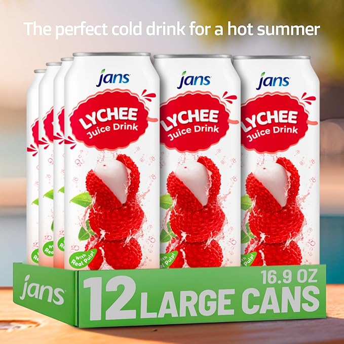 Jans Tropical Lychee Juice Drink with 100% Real Lychee Jelly (12-Pack,16.9 Fl Oz Canned) - Superior Hydration & Delicious Cold Beverage for the Hot Summer