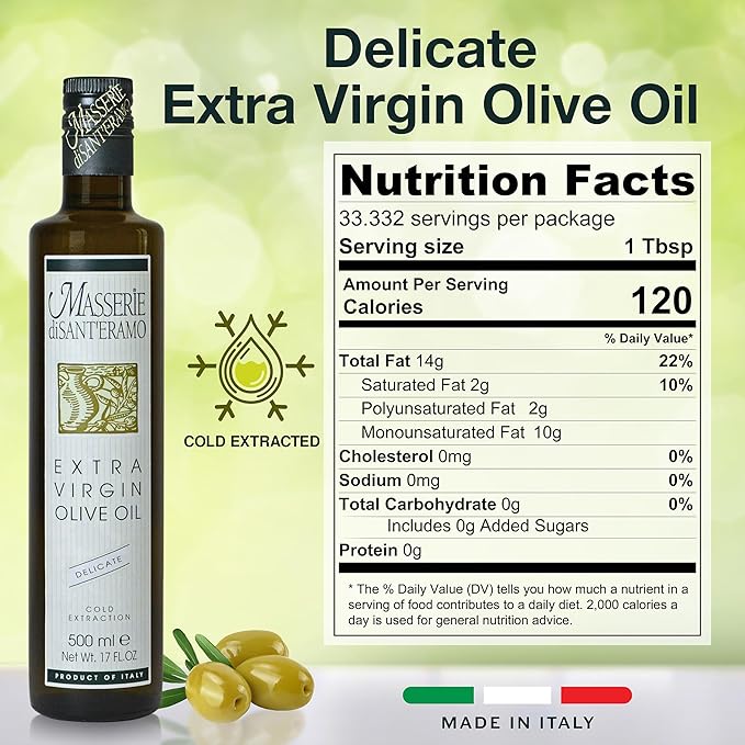 Delicate Italian Extra Virgin Olive Oil Cold Pressed - Light Olive Oil for Cooking and Frying, Imported from Italy - Masserie di Sant'Eramo - 16.9 Fl Oz (Pack 12)