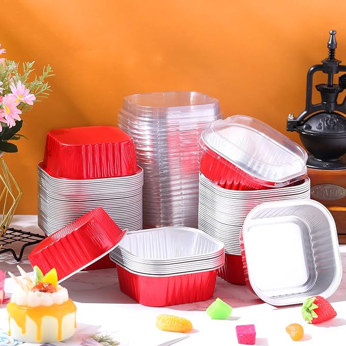 Aoriher 150 Pieces 10 oz Mini Cake Pans with Lids Aluminum Foil Baking Cups Square Disposable 4" x 4" Large Cupcake Cups Baking Tins for Kitchen Brownie Pudding Desserts Holders(Red)