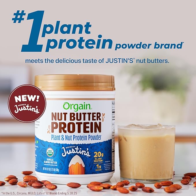 Orgain X Justin's ì§?Organic Vegan Nut Butter Protein Powder, Vanilla Almond Butter- 20g Plant Protein, 1g Sugar, Gluten Free, No Dairy, Soy Ingredients, or Artificial Flavors, 1.17 lb