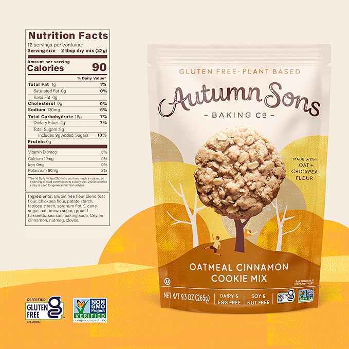Autumn Sons Baking Co. Gluten Free Oatmeal Cinnamon Cookie Mix. Vegan Plant Based Baking Mix. Free From 11 Common Allergens. Dairy Free, Nut Free, Soy Free, Non GMO. 9.3 oz (Pack of 3)
