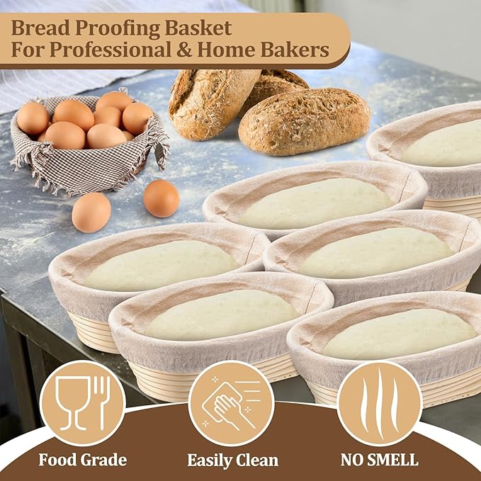 P&P CHEF Sourdough Bread Proofing Basket Set of 6, 10 Inch Oval Dough Proofing Bowls, Sourdough Bread Baking Supplies for Bakers, Handmade Rattan Baskets with Cloth Liner