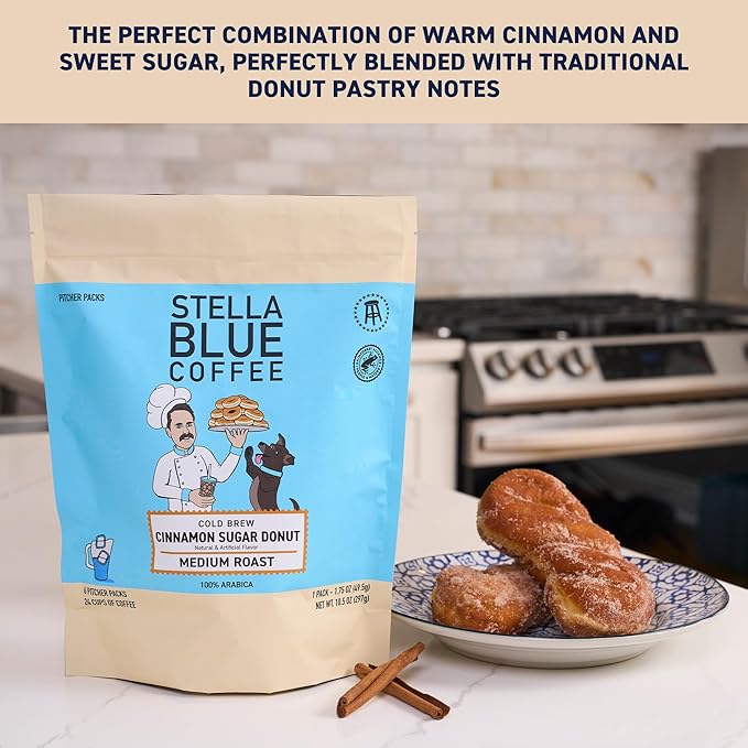 Stella Blue Cold Brew Coffee Packets, Cinnamon Sugar Donut, Medium Roast Ground Coffee, Warm Cinnamon, Sweet Sugar and Donut Pastry Notes, 100% Arabica, 6 Brew Packets, Makes 24 Bold Cups