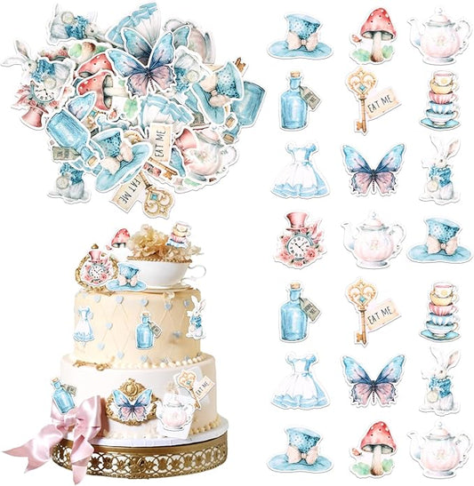 60 PCS Edible Alice in Wonderland Cupcake Toppers Tea Party Cake Decorations Edible Butterfly Flower Bowl Key Clock Eat Me Cupcake Picks for Tea Party Baby Shower Birthday Party Decorations Supplies
