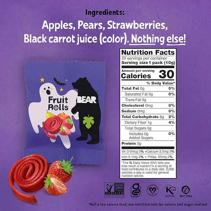 BEAR Real Fruit Snack Rolls - Gluten Free, Vegan, and Non-GMO - Strawberry ??Halloween Pack - 20 Rolls, Healthy School And Lunch Snacks For Kids And Adults, 0.34 Ounce (Pack of 20)