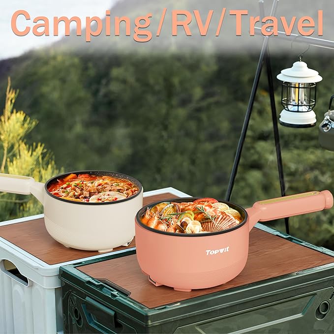 TOPWIT Hot Pot Electric, ?윇?릩 Electric Pot, Non-Stick Portable Cooker, Portable Hot Pot, Saut챕 Pan for Steak, Egg, Fried Rice, Ramen, Soup with Dual Power Control (Silicone Spatula Included), Peach