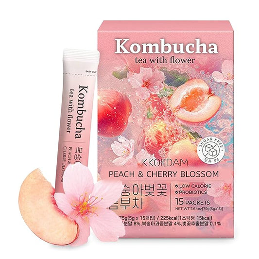 KKOKDAM Kombucha Tea - Peach & Cherryblossom Korean Tea - Kombucha Drinks Probiotic Support, Low
