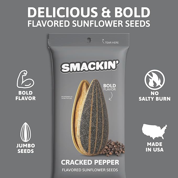 SMACKIN' Sunflower Seeds, Roasted Jumbo Small-Batch, American Made - Cracked Pepper. 1.5oz bags (36 Pack)