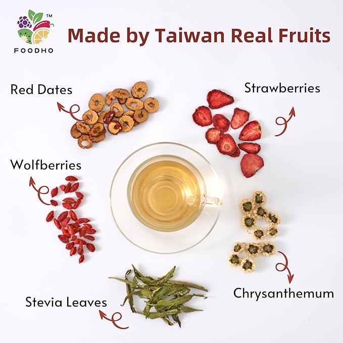 FOODHO Fruit & Herbal Tea Blend for Beauty – With Strawberry, Red Dates, Goji Berries & Chrysanthemum – Caffeine Free, Sugar Free, 10 Sustainable Tea Bags