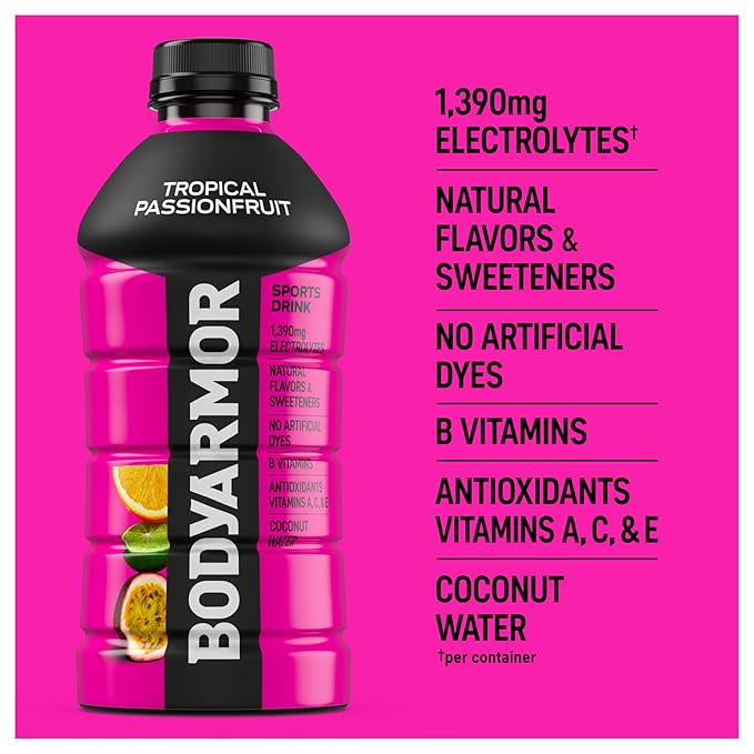 BODYARMOR Sports Drink Sports Beverage, Tropical Passionfruit, Coconut Water Hydration, Natural Flavors With Vitamins, Potassium-Packed Electrolytes, Perfect For Athletes, 28 Fl Oz (Pack of 15)