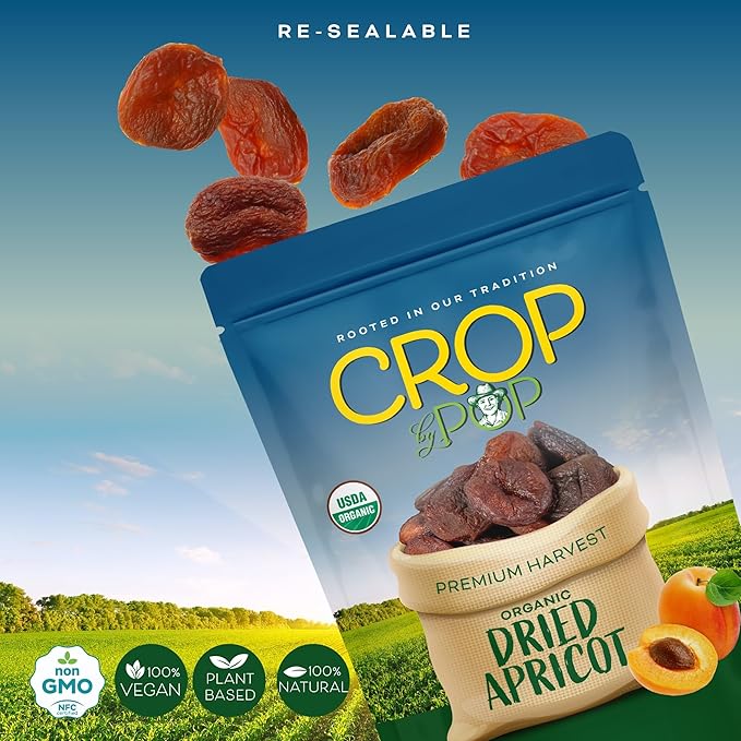 CROP BY POP - Organic Sun Dried Apricots, No Sugar Added, Unsulphured (16oz, 1 LB) Bulk Dry Fruits Packed Fresh in Resealable Bag - USDA Organic, Non GMO, Kosher