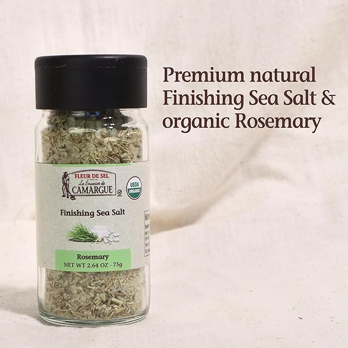 Le Saunier de Camargue Fleur de Sel with Organic Rosemary – French Sea Salt Finishing Salt with Fresh Herb Flavor – Gourmet Hand-Harvested Flaky Salt in Glass Shaker – 80g