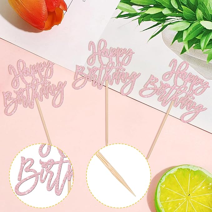 24 PCS Happy Birthday Cupcake Toppers Glitter Picks for Celebrating Anniversary Theme Party Cake Decorations Supplies Light Pink