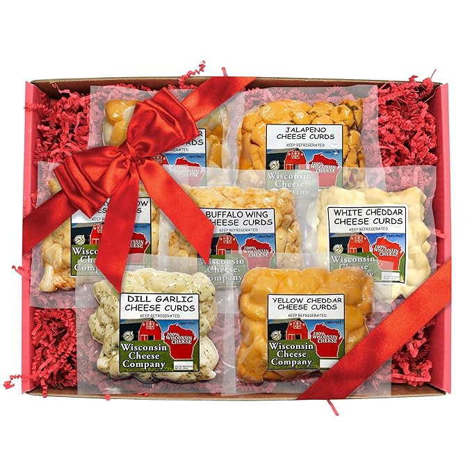 Wisconsin Cheese Company - 100% Wisconsin Cheese Curd Variety Sampler Gift Box - (Pack of 7) | Huge Gift Box | Perfect for Parties, Charcuterie Boards and Birthdays | Cheese Curds
