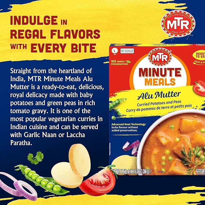MTR - Minute Meals: Aloo Mutter - Curried Potatoes and Peas - Authentic Indian Ready-to-Eat Meal with No Added Preservatives - A Quick Meal Suitable for Vegetarians, Ready in Minutes! (Pack of 6)