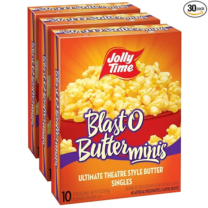 Jolly Time Blast O Butter, Ultimate Movie Theater Butter Microwave Popcorn, 1.5oz Personal Bag, 10 Bags Per Carton (Blast O Butter Minis, 1.5 Ounce (Pack of 30))