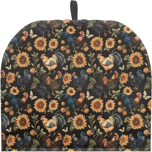 Sunflower Rooster Print Tea Pot Cover Warm Keeper with Top Hanging Loop Tea Cozy Insulated Teapot Dust Cover for Home Kitchen Decor