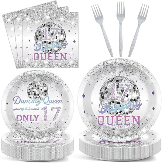 96Pcs Dancing Queen Plates and Napkins for 17 Birthday Party Decorations for Girls Silver 17 Year Old Dessert Plates Dancing Queen Tableware Set for 24 Guests 17 Birthday Party Supplies