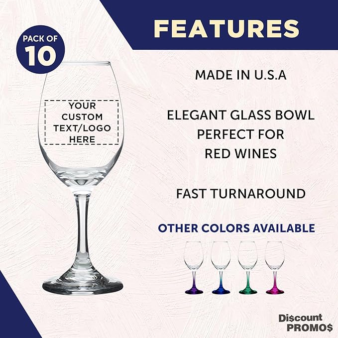Custom Rioja Wine Glasses with Stem 10 oz. Set of 10, Personalized Bulk Pack - Color Bottom, Perfect for Wedding, Party Favors, Birthday, Bridal Shower Gifts - Clear