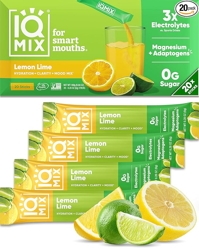 IQMIX Hydration Electrolyte Powder ??4-in-1 Formula for Hydration, Mental Clarity, Mood and Recovery ??Sugar-Free Drink Mix, Keto, Magnesium L-Threonate, Lion?™s Mane ??20 Count Lemon Lime