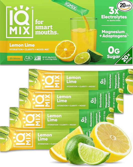 IQMIX Hydration Electrolyte Powder ??4-in-1 Formula for Hydration, Mental Clarity, Mood and Recovery ??Sugar-Free Drink Mix, Keto, Magnesium L-Threonate, Lion?™s Mane ??20 Count Lemon Lime