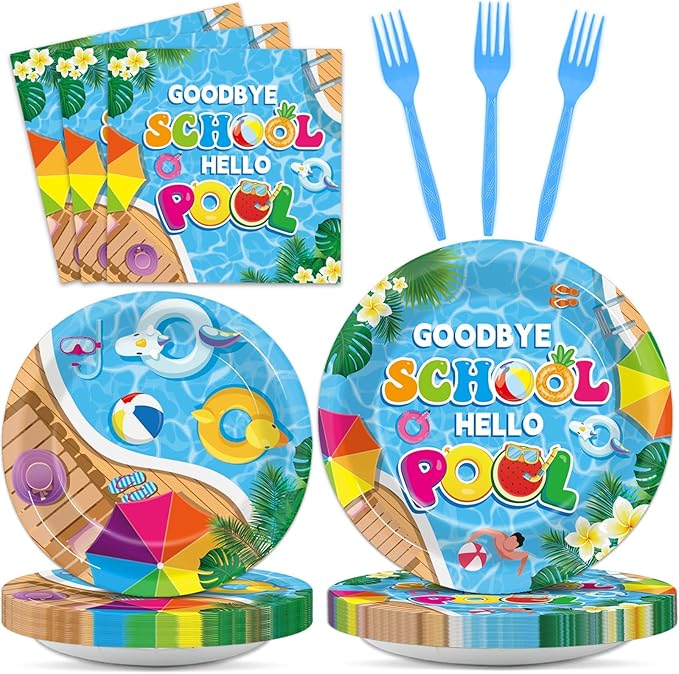 96Pcs Goodbye School Hello Pool Plates and Napkins End of School Year Party Decorations School's Out Pool Dessert Disposable Plates Summer Tableware Set for Graduation Preschool Party Supplies